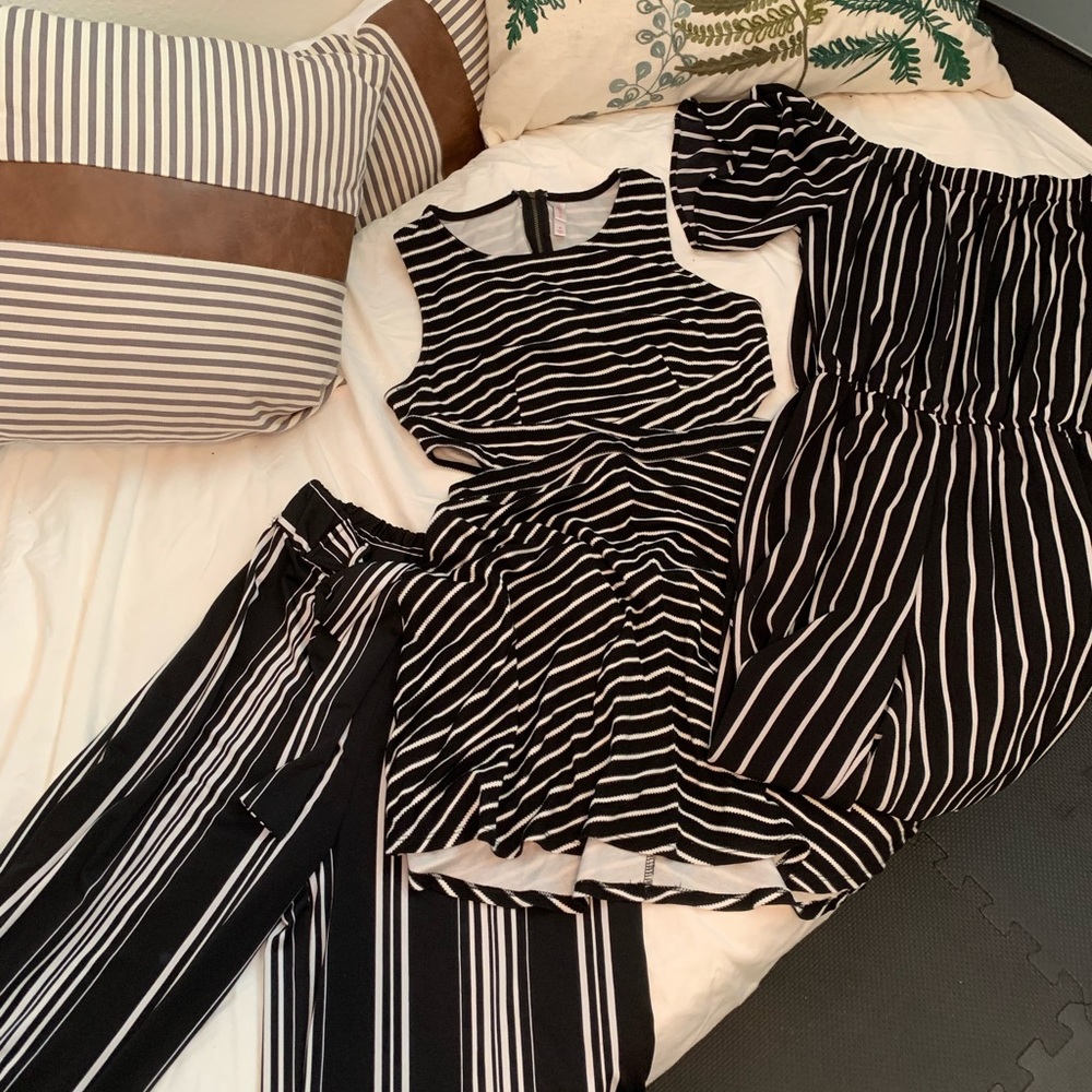 STRIPED TRIO: short-sleeved jumpsuit, mini dress, and palazzo pants.